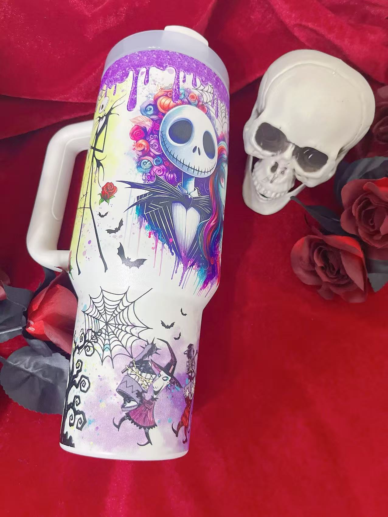 Side view of Jack and Sally Stanley Cup 40oz stainless steel tumbler with handle