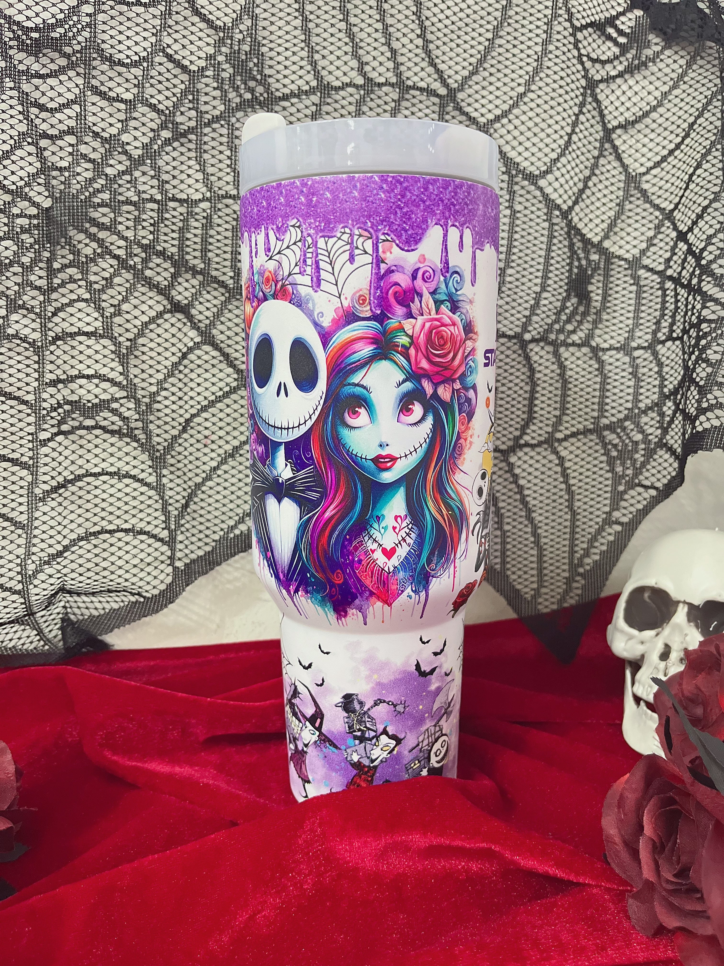 Jack and Sally Stanley Cup tumbler used as a Halloween or Christmas gift idea