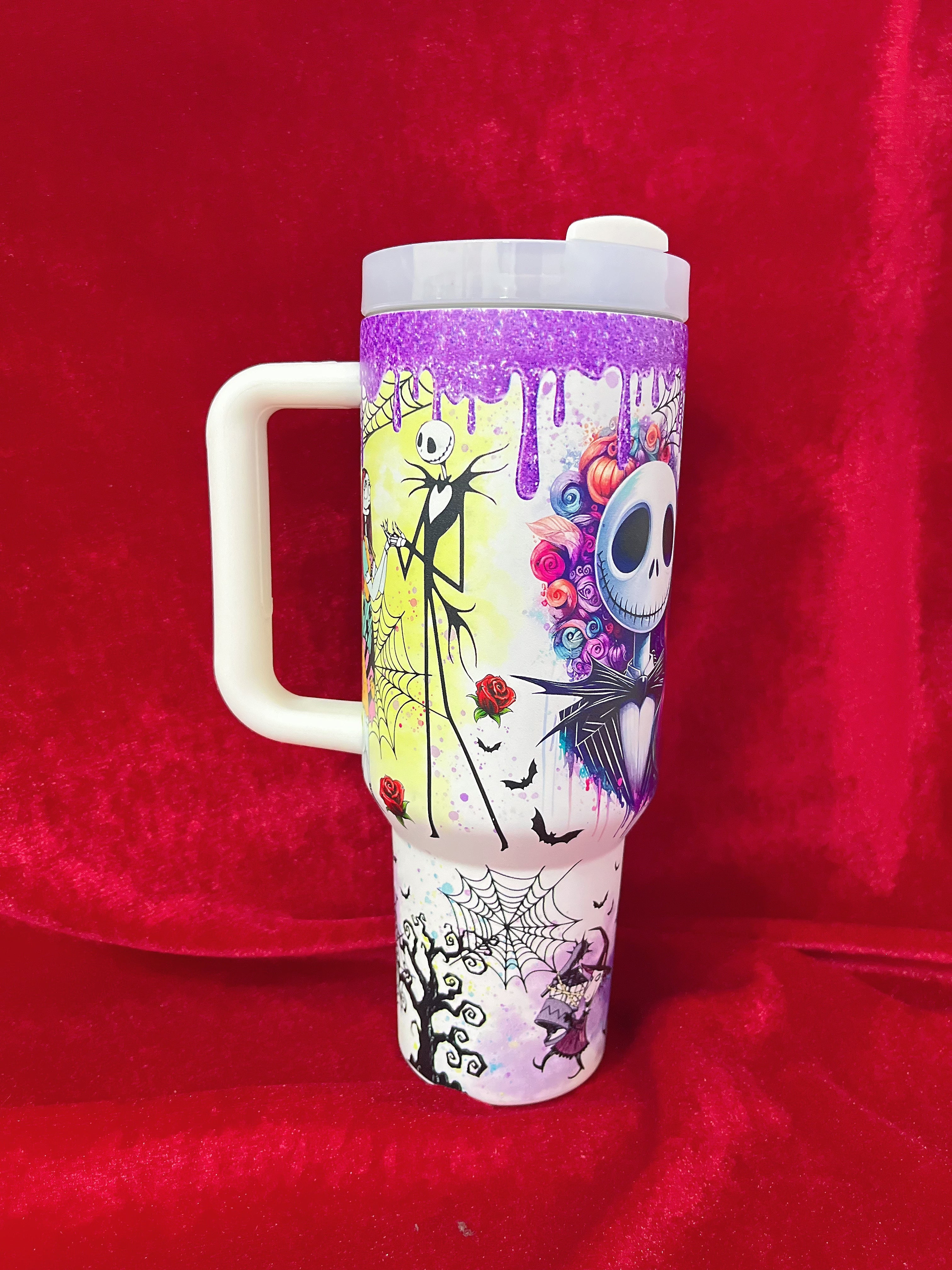 Durable handle close-up of the Jack and Sally Stanley Cup, gothic drinkware