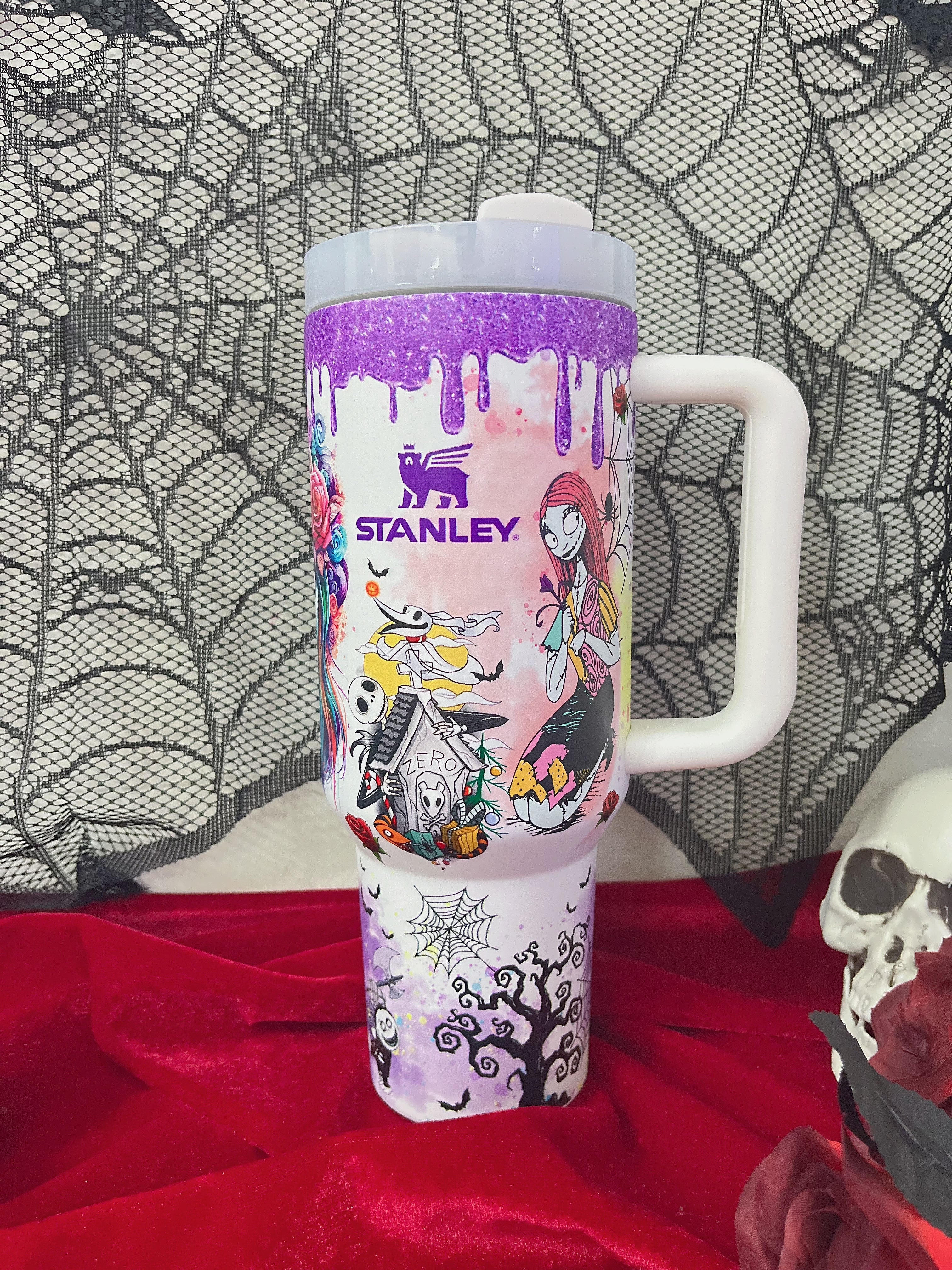 Durable handle close-up of the Jack and Sally Stanley Cup, gothic drinkware