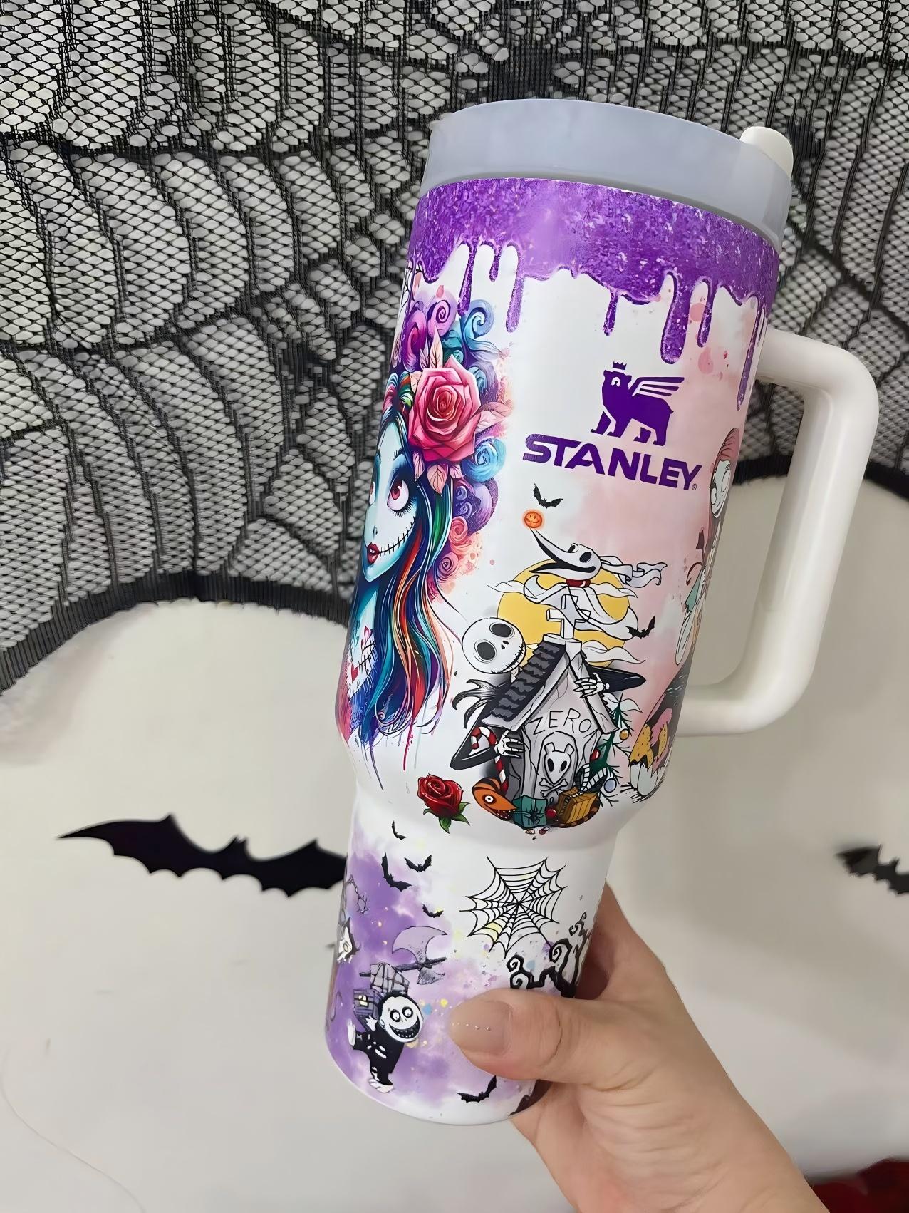 Side view of Jack and Sally Stanley Cup 40oz stainless steel tumbler with handle