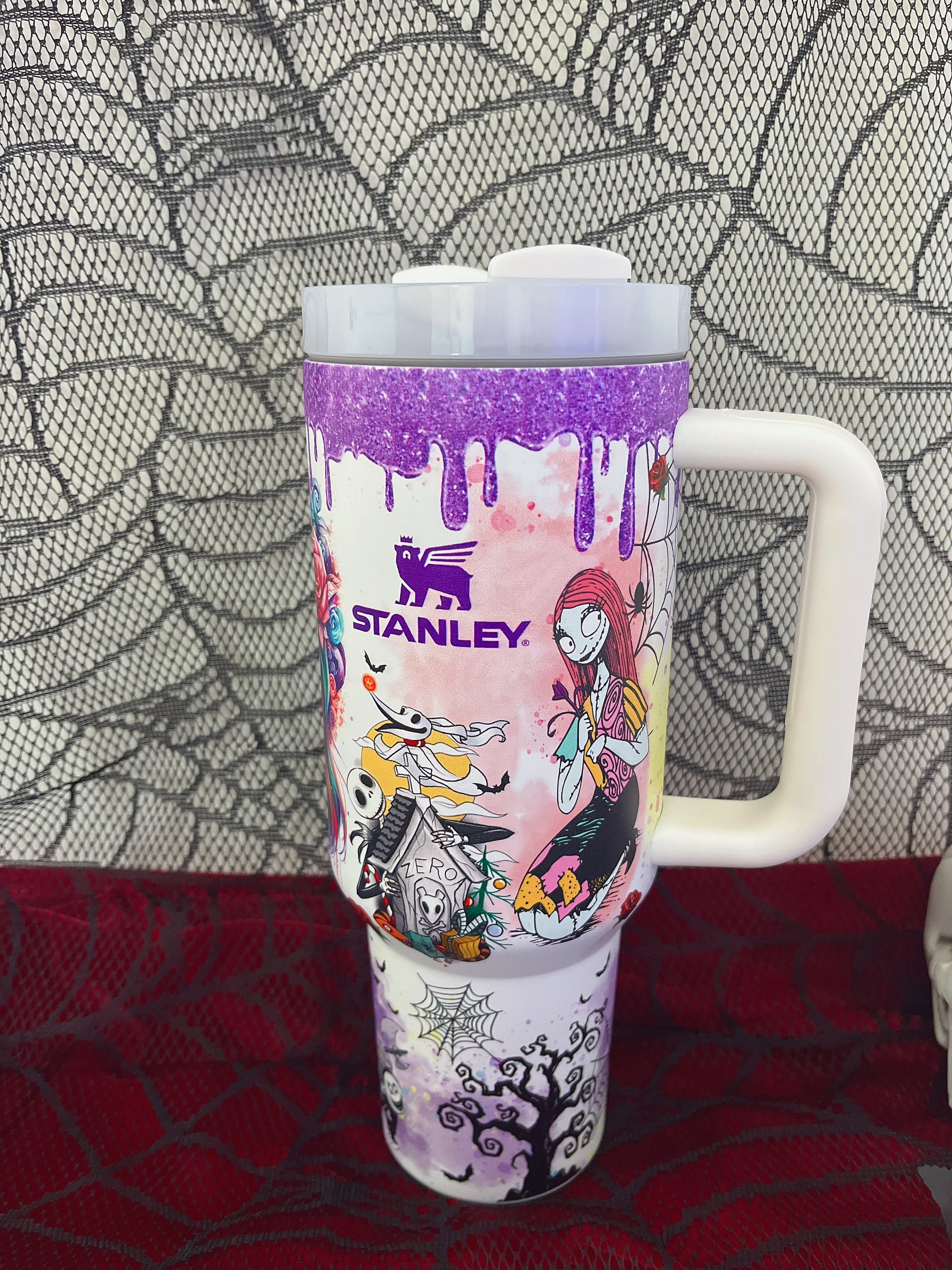 Jack and Sally Stanley Cup tumbler used as a Halloween or Christmas gift idea
