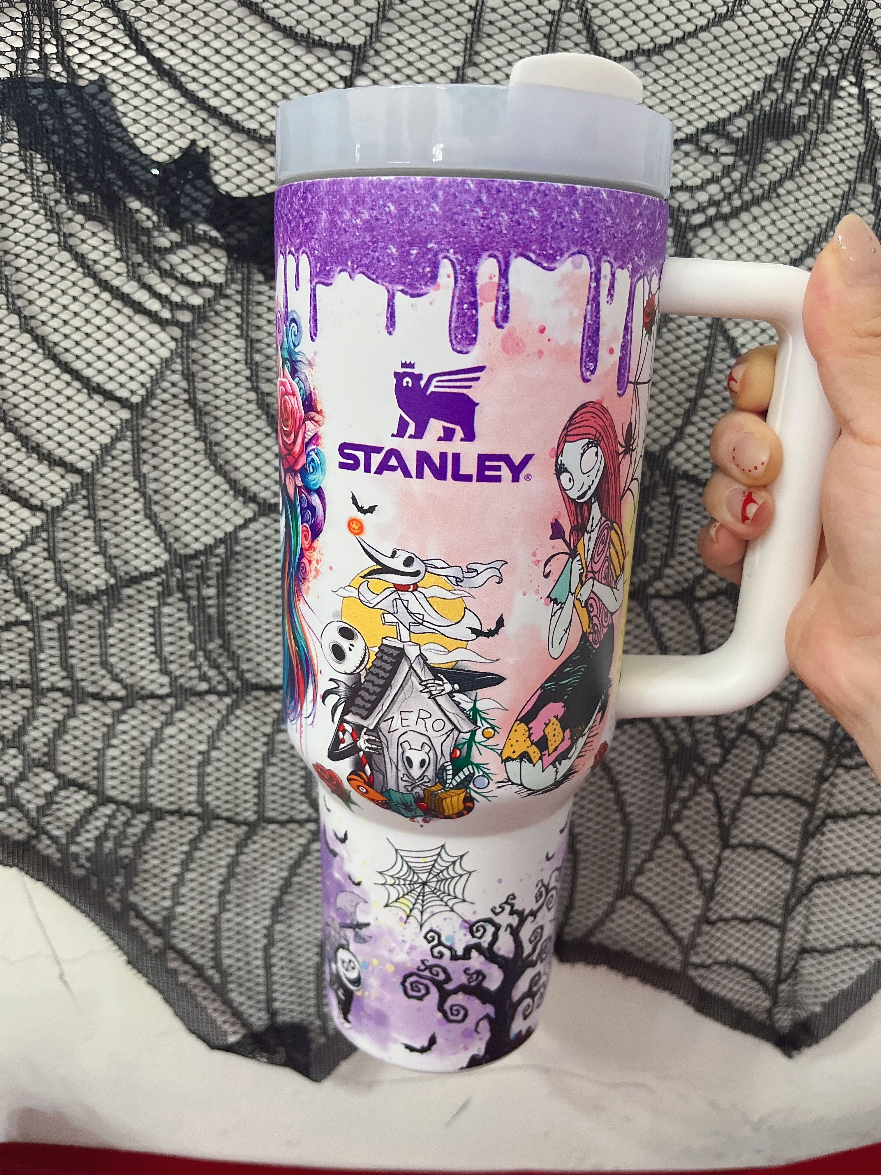 Jack and Sally Stanley Cup tumbler used as a Halloween or Christmas gift idea
